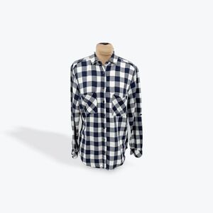 Mango‎ Basics Navy Blue White Gingham Plaid Long Sleeve Button Up Shirt Size 6